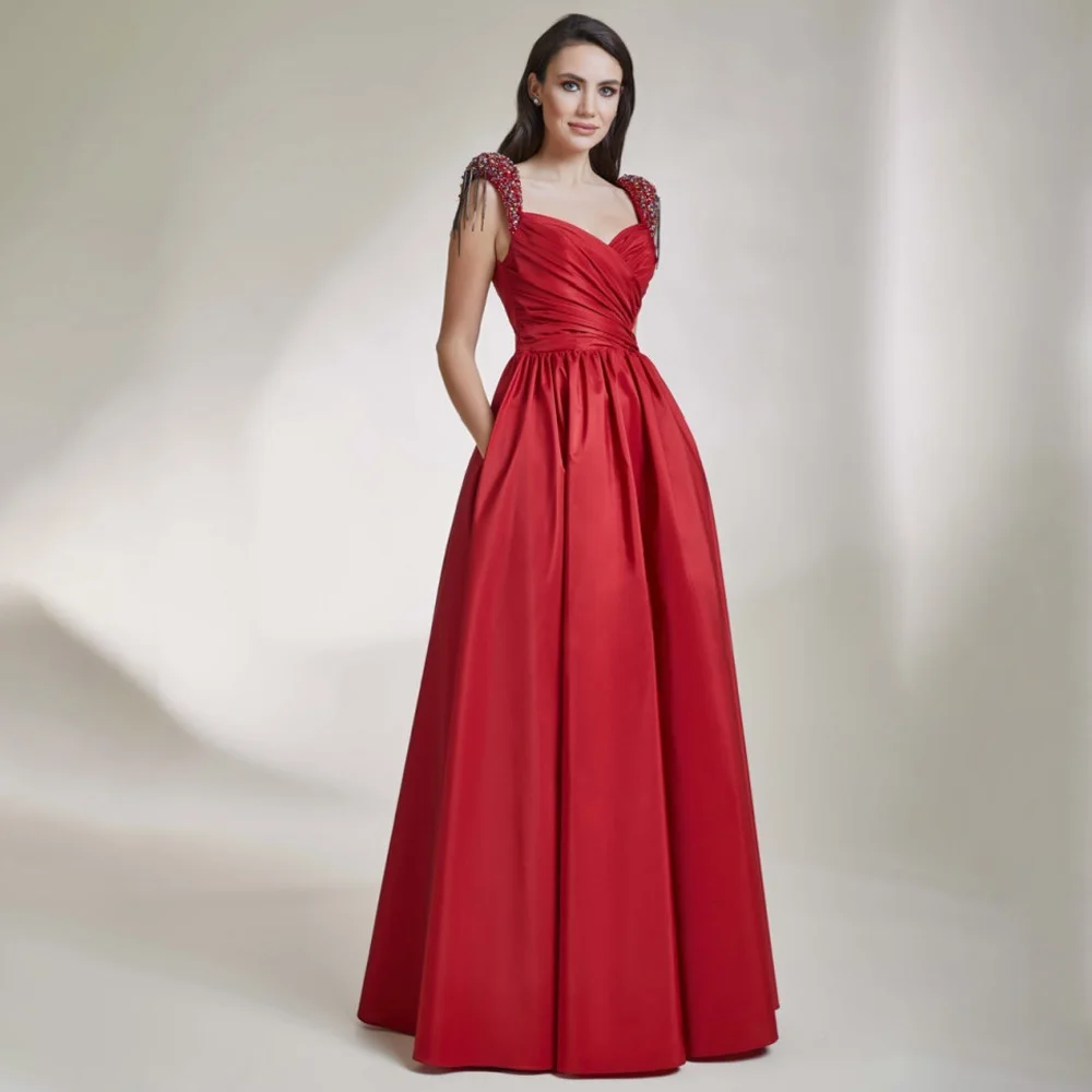 

Элегантные вечерние платья для свадьбы, красные атласные трапециевидные платья с V-образным вырезом и карманами, с бисером, с открытой спиной, официальное праздничное платье 2023
