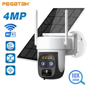 Беспроводная Солнечная камера PEGATAH 8MP, наружная WiFi Двойная линза 10X, солнечная панель, обнаружение человека, PTZ, камера безопасности, водонепроницаемые Ip камеры
