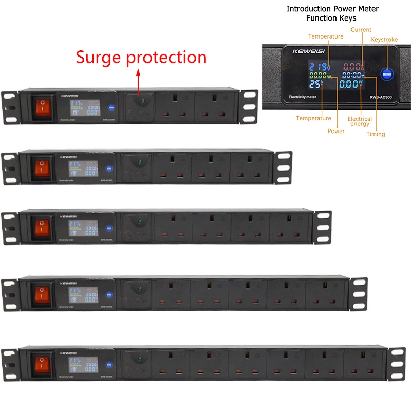 

UK Power Strip with LED AC Electricity Meter Surge protection Socket For PDU Power Distribution Unit 2-9 Ways UK 3 pin Socket