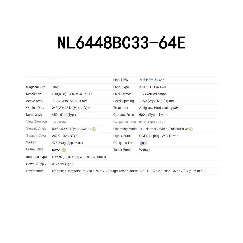 산업용 NL6448BC33-64E 완전 테스트, 매우 선명한 LCD 디스플레이 화면, 10.4 인치 640x480