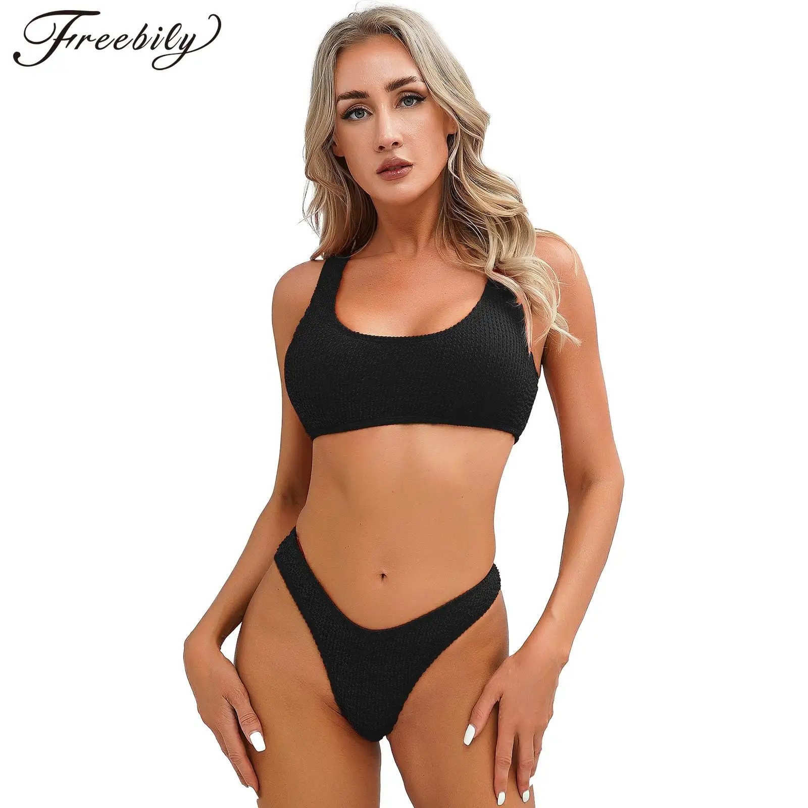 

Womens Two-Piece Beach Bathing Suit Swimsuit Swimwear Stylish Textured U Neck Removable Padded Bra Crop Top with Low Rise Thong