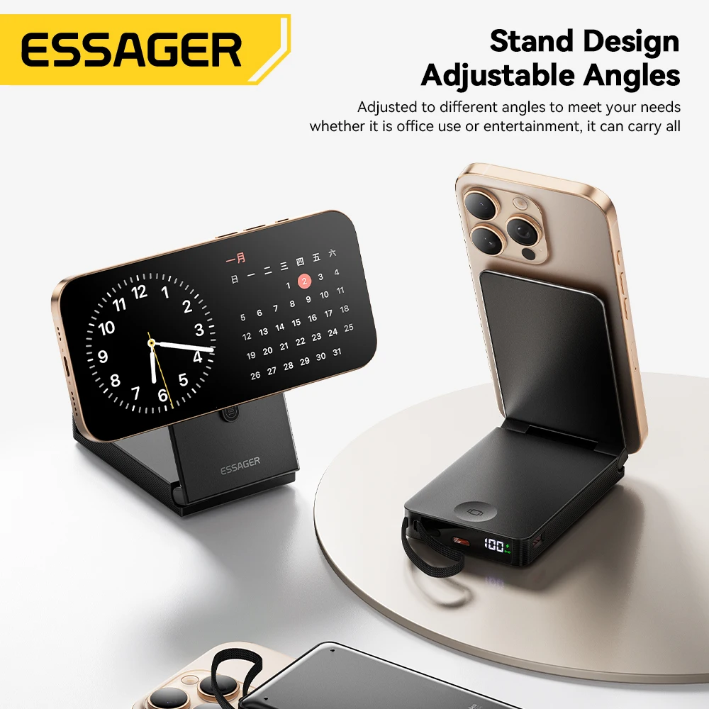 Essager 10000mAh Magnetic Power Bank 5 in 1 Wireless Fast Charger Stand With USB C Cable For Magsafe iPhone Watch Earbuds Xiaomi 5