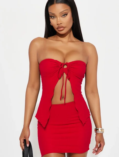 Women's Solid Color Tube Top & Skirt Two-piece Set, Fashion Casual Sleeveless Top &Bodycon Skirt for Daily Outdoor Wear, LadiesC 3