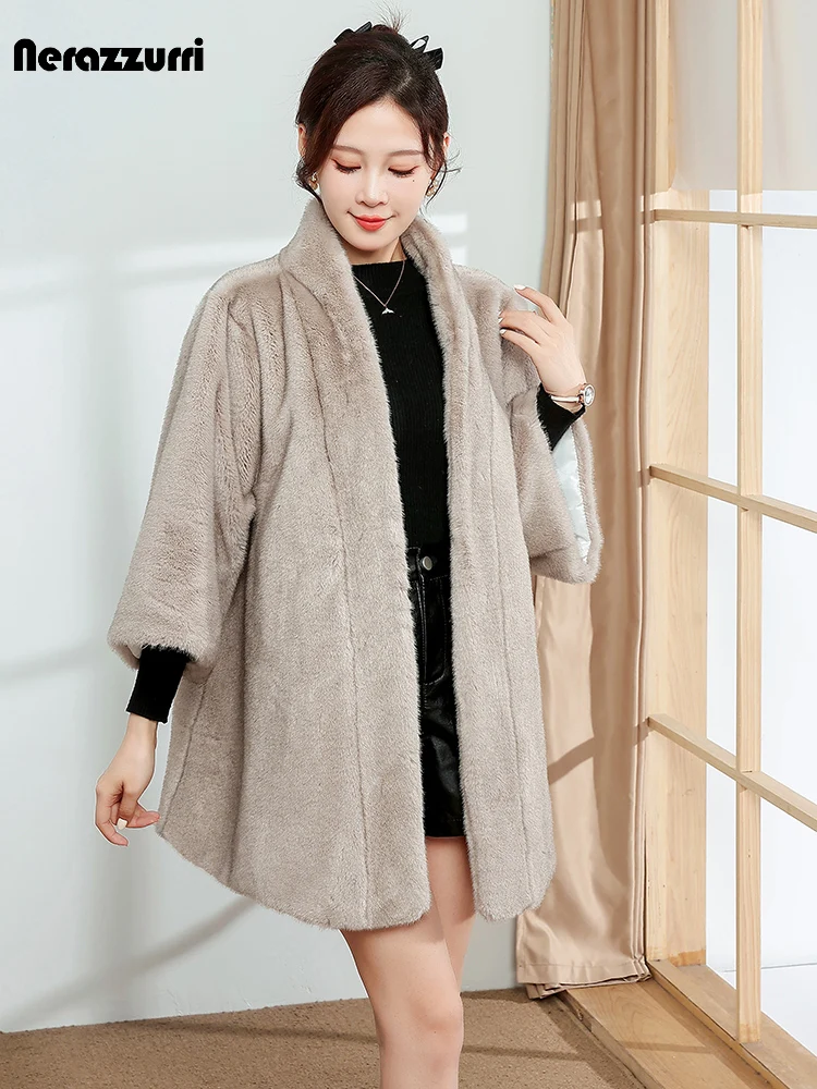 

Nerazzurri Winter Thick Warm Faux Mink Fur Coat Women with V Neck 3/4 Sleeve High Quality Loose Elegant Luxury Furry Cardigan