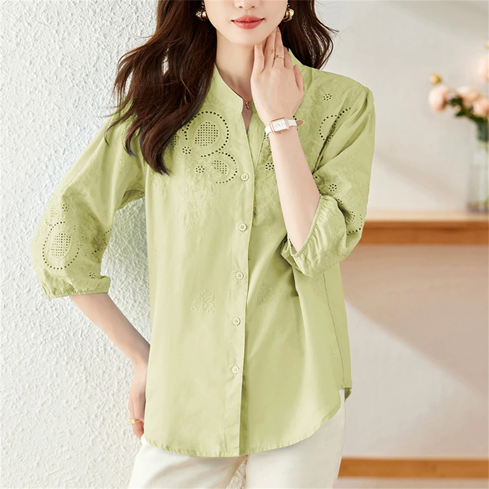 White Embroidered Hollow Out Shirt Women Summer Breathable Button Up V-neck Cotton Blouse Femme Loose Casual Short Sleeve Tops