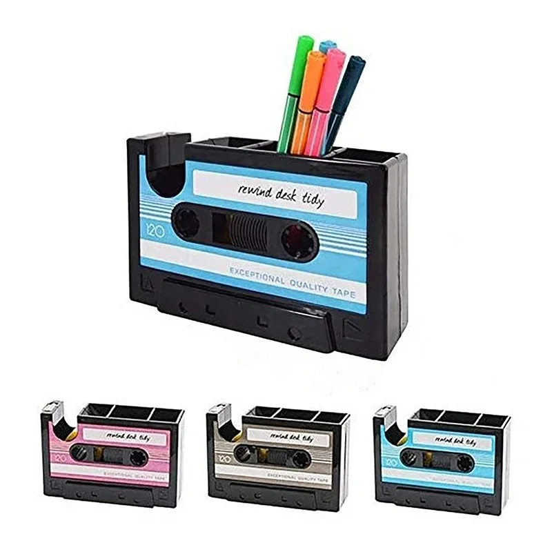 2 In 1 Multifunctional Pen Holder Creative Office Desk Stationery Organizer Retro Cassette Tape Dispenser Pen Holder Gift