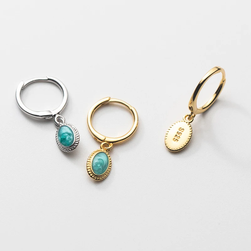 SOFTPIG Real 925 Sterling Silver Turquoise Geometric Oval 18K Gold