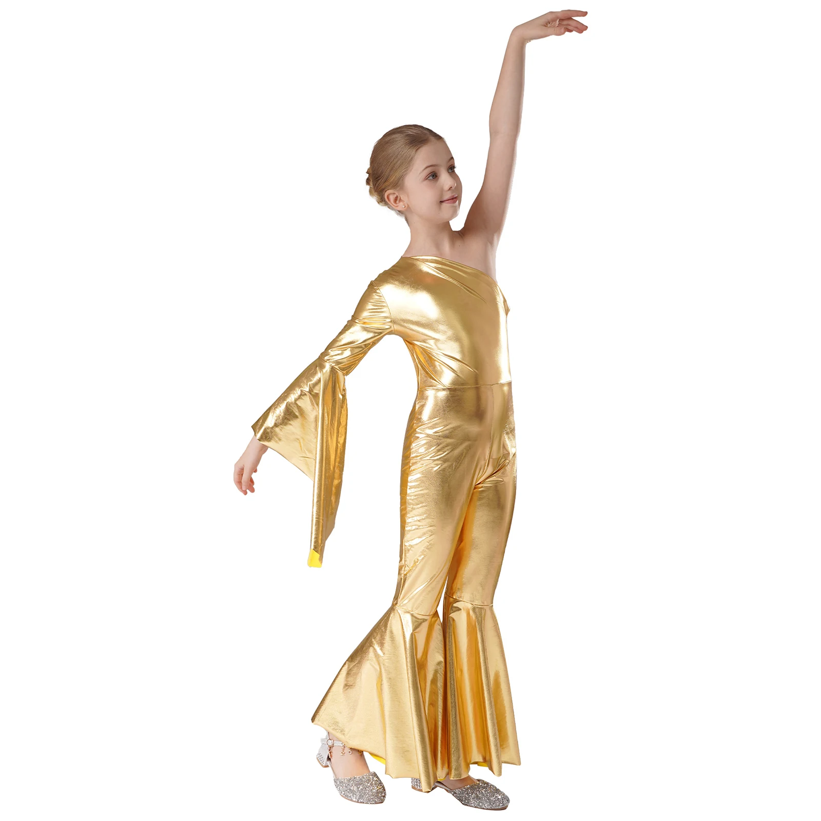 6-16Y Kinder Mädchen Metallic Shiny Bell-Bottom Dance Overall Retro Disco Party Cosplay Kostüm Cheerleading Jazz Tanzen Kleidung – Detail 15