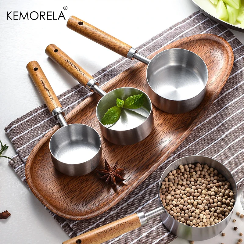 4PCS Measuring Spoon Set Wooden Handle Stainless Steel Measuring