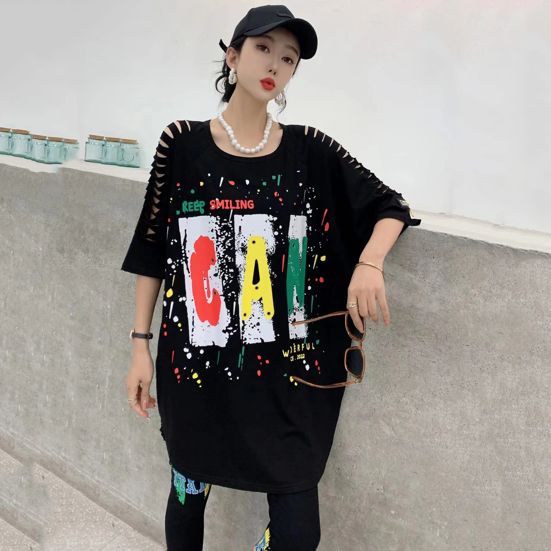 

230349 Short Sleeve T-shirts Hole Irregular Design Streetwear Hip-hop Cool Casual Stylish Solid Clothes Women Big Size T-shirt