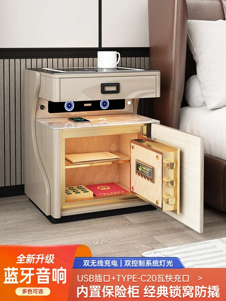 

Smart Bedside Table Safe Wireless Charging Bluetooth Speaker Fingerprint Lock Voice Controllable Lights Red Style Safe