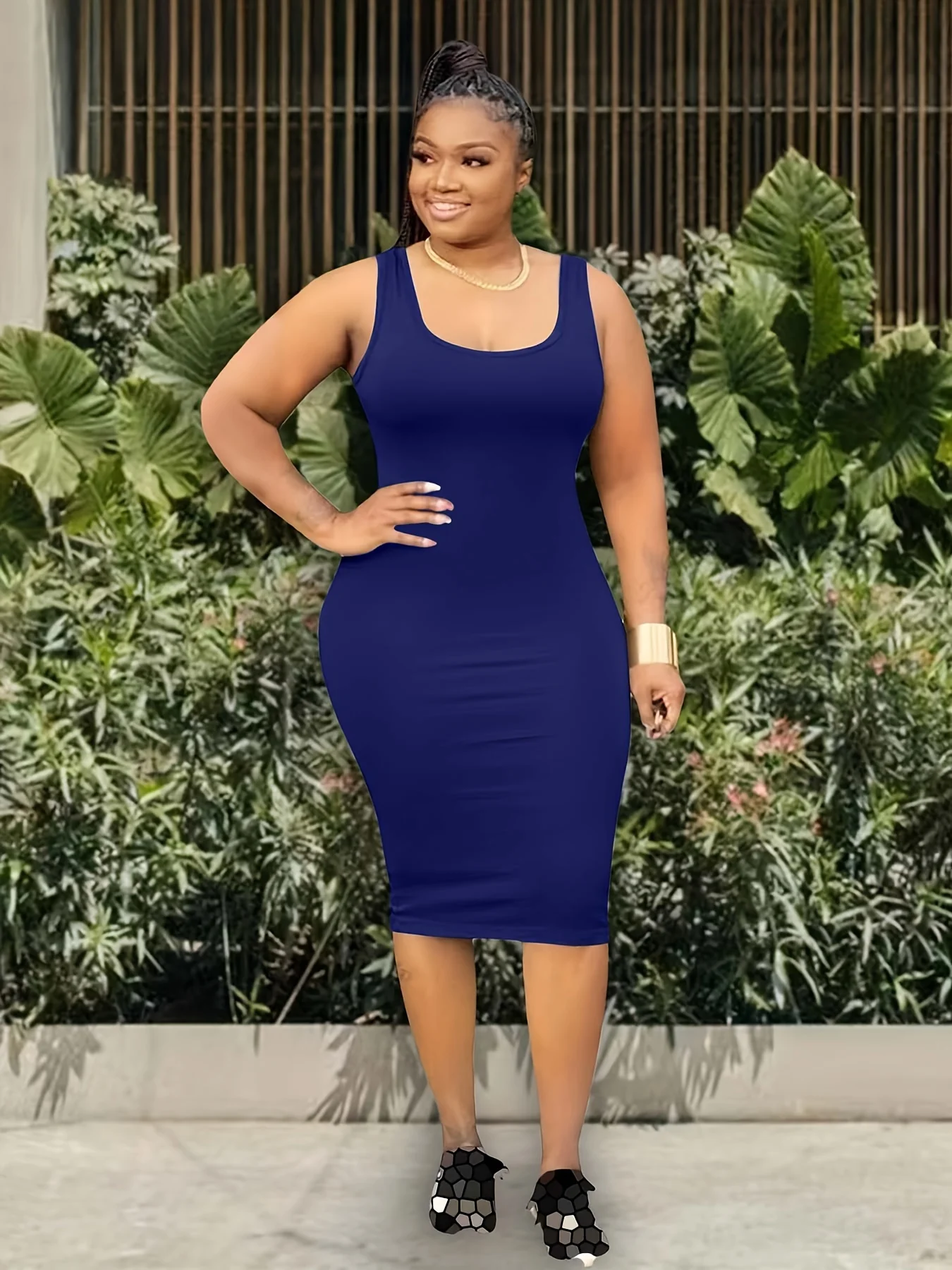 Plus Size Solid Round Neck Casual Tank Dress Plus Size color: Blue