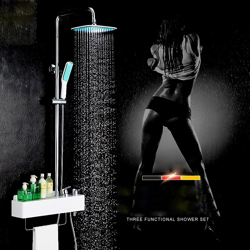 Modern White Painted Marble Stone WitChrome FinisLifting Shower Booster Wall Mount Shower Kit Witdheld ABS Showerhead