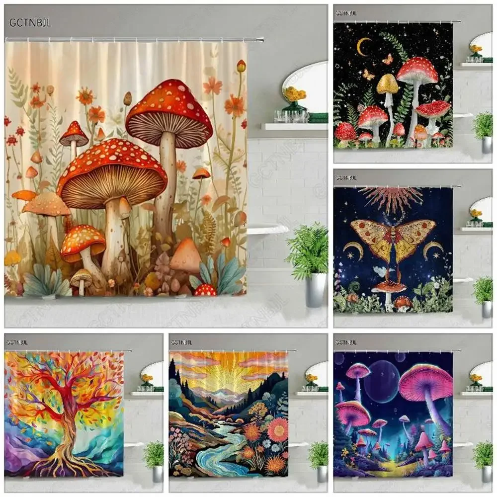 

Винтажная занавеска для душа в виде грибов, бабочек, цветов, Луны, звезды, мечты, Туманный лес, Полиэстеровые тканевые подвесные шторы, декор для ванной комнаты