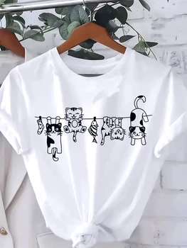 Plus Size Anima 90s Manga Climb Cute Cat Design Print Women T-shirt Summer Short Sleeve Crew Neck Women Fashion Clothing Y2k Top