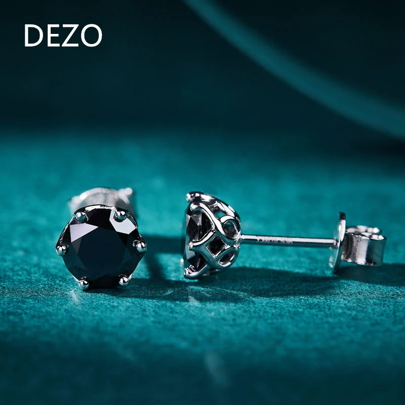 

DEZO Total 2ct Round Cut Black Moissanite Earring For Women Solid 925 Sterling Silver Stud Earrings VVS D Color GRA Certificate