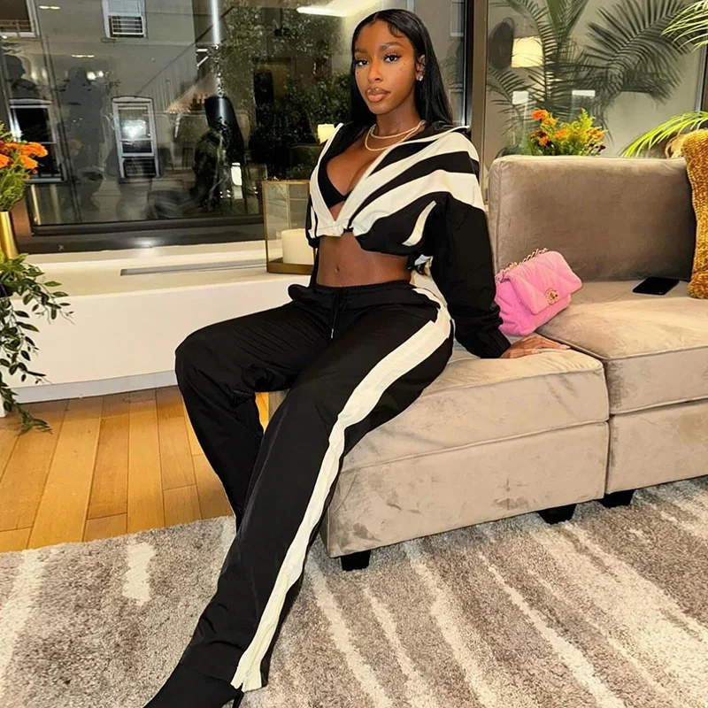 BIIKPIIK Contrast-color Women Tracksuits Sporty Fitness Fashion Two Piece Pants Sets Jacket + Pants Jogging Street Style Outfits 3