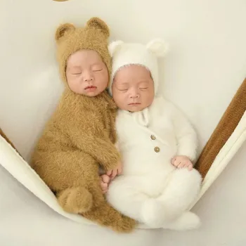 0-1 mesi Baby Boy Girl Orso Body Outfit Puntelli per fotografia neonato Pagliaccetto per capelli di visone lavorato a maglia Puntelli per fotografia