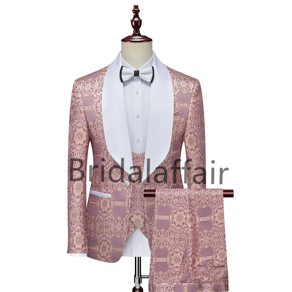

Bridalaffair Floral Jacquard Tuxedo Suits for Men Wedding Slim Fit Jacket with Vest Pant 3 Piece Male Costume