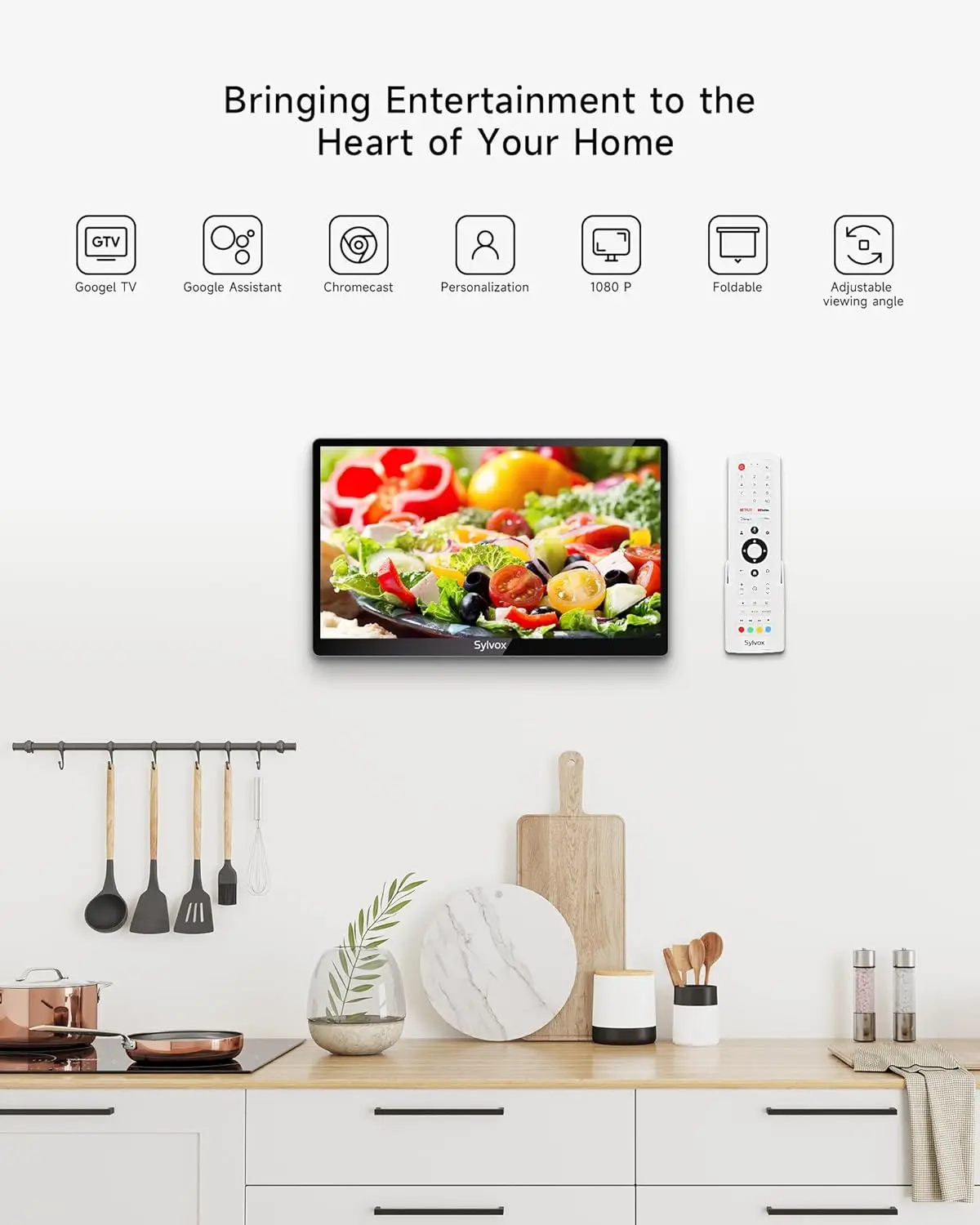 Kitchen TV, Small Smart TV for Kitchen, 15.6 inch 1080P Full HD Under Cabinet TVs, Google Smart Television with Voice Remote Con