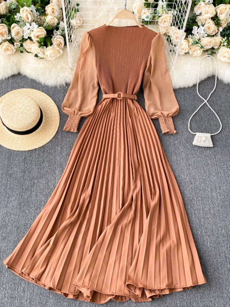 

Women 2023 Fashion Casual Pleated Lantern Sleeves Wrap Up Waist To Show Thin Temperament Light Mature French Long Pleated Dress