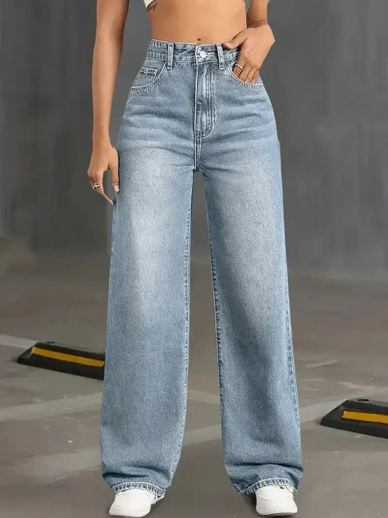 Y2k Jeans Jeans for Woman Classic Blue Elastic Straight Leg Simple Design Retro Style Stretchy Denim Trousers 1