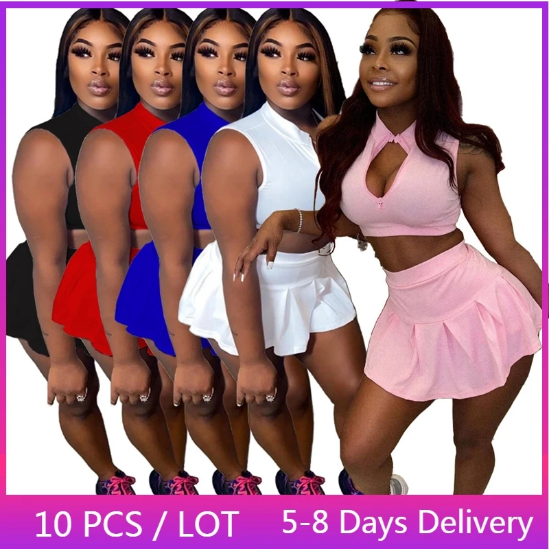 

Wholesale Items Sporty Womens Two Peice Sets Pink Casual Outfits for Women Clothes Zipper V Neck Crop Top Pleated Mini Skirt Set