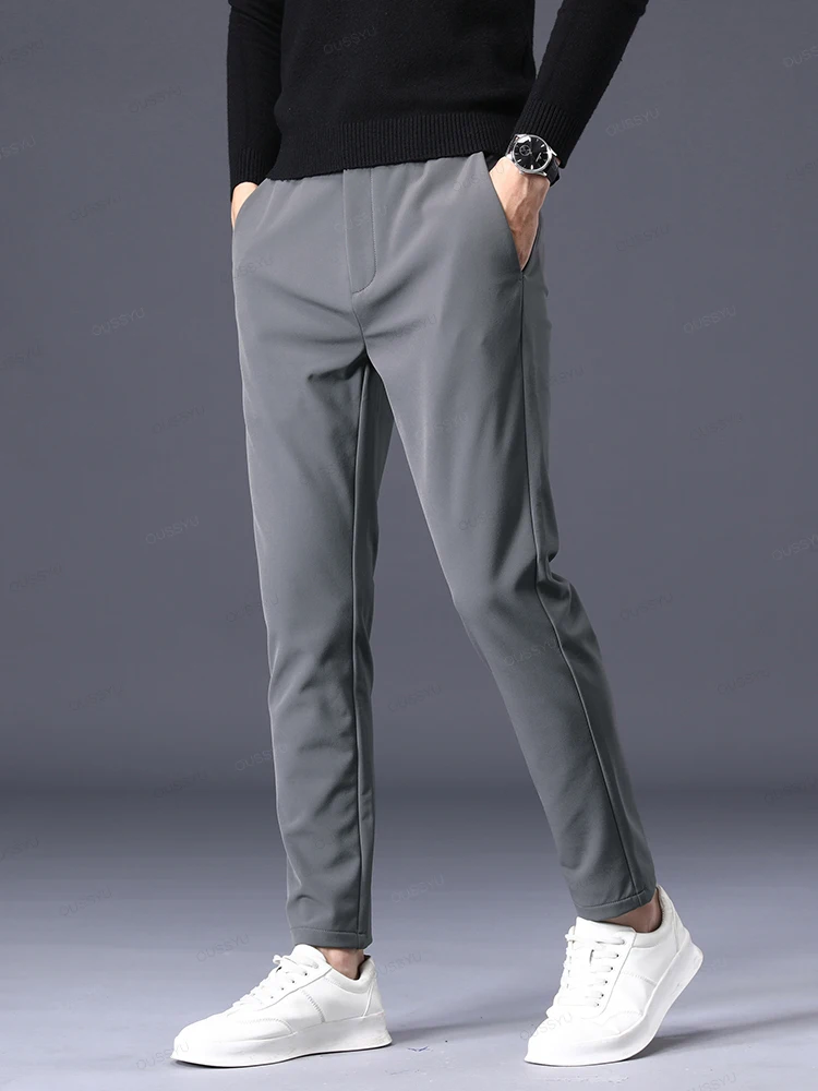 Autumn Winter Stretch Casual Pants Men Thick Business Stretch Slim Elastic Waist Jogger Korean Classic Outdoors Trousers Gift 2