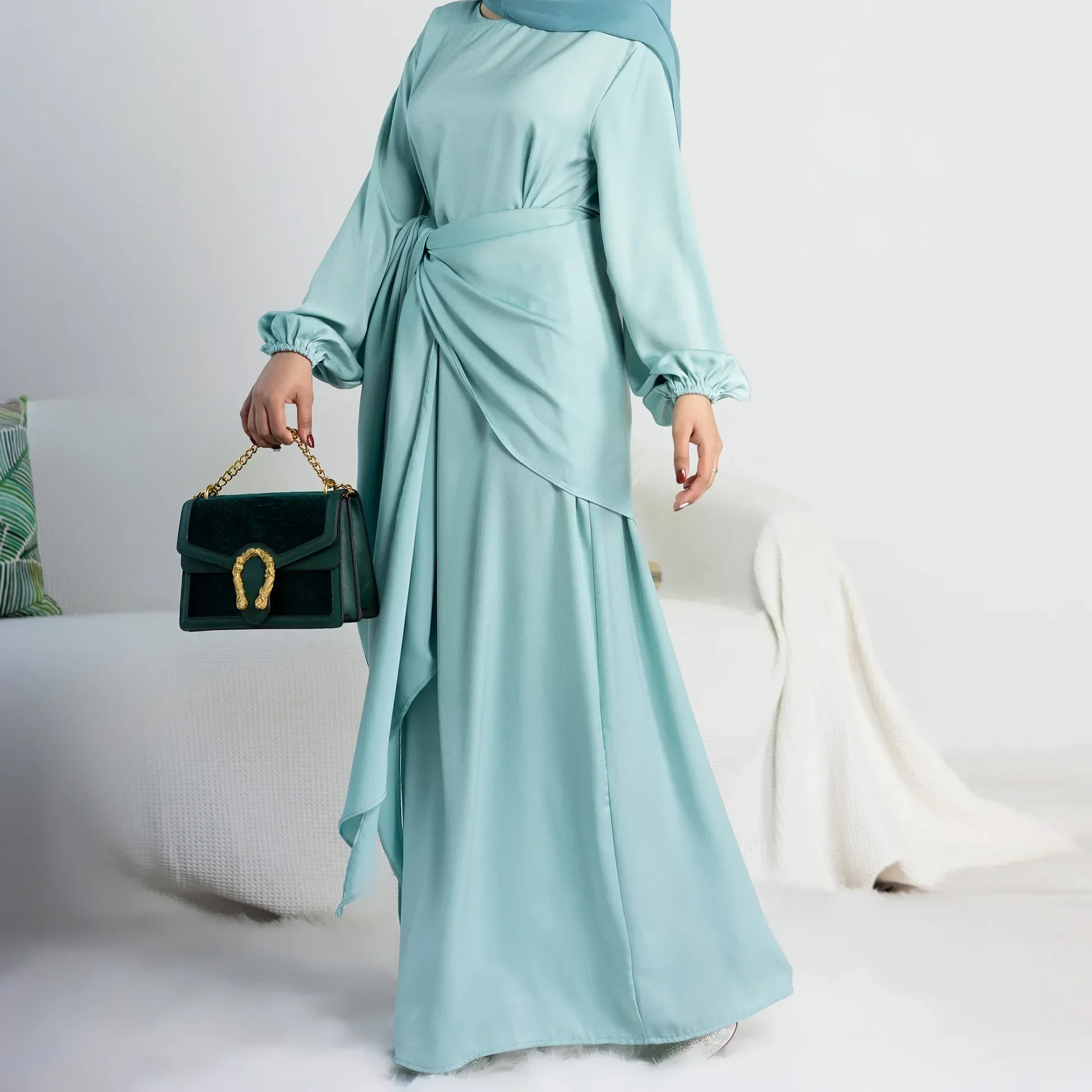 Turkey Muslim Satin Dress Abaya 2pcs Set Wrap Skirt Party Long Modest Dresses for Women Dubai Islamic Clothing Kaftan Hijab Robe