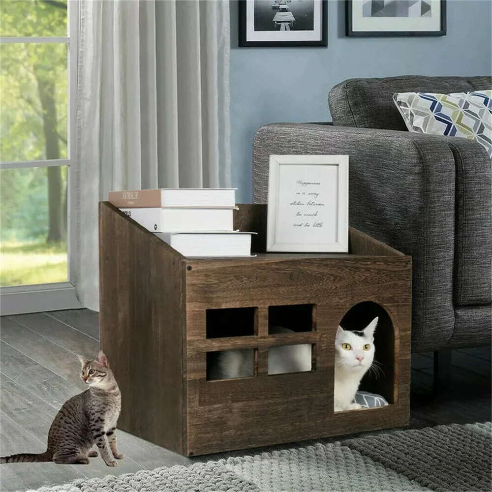 2 In 1 Wooden Cat House Puppy Rabbit Hideout Shelter Small Cat Pet End Table Furniture with Soft Washable Cushion Indoor Outdoor - Image 2