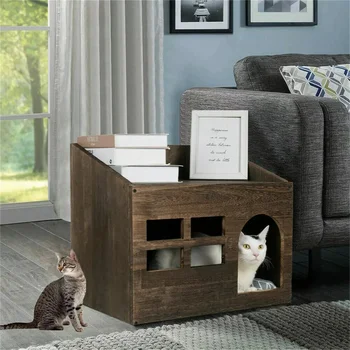 2 In 1 Wooden Cat House Puppy Rabbit Hideout Shelter Small Cat Pet End Table Furniture with Soft Washable Cushion Indoor Outdoor 2