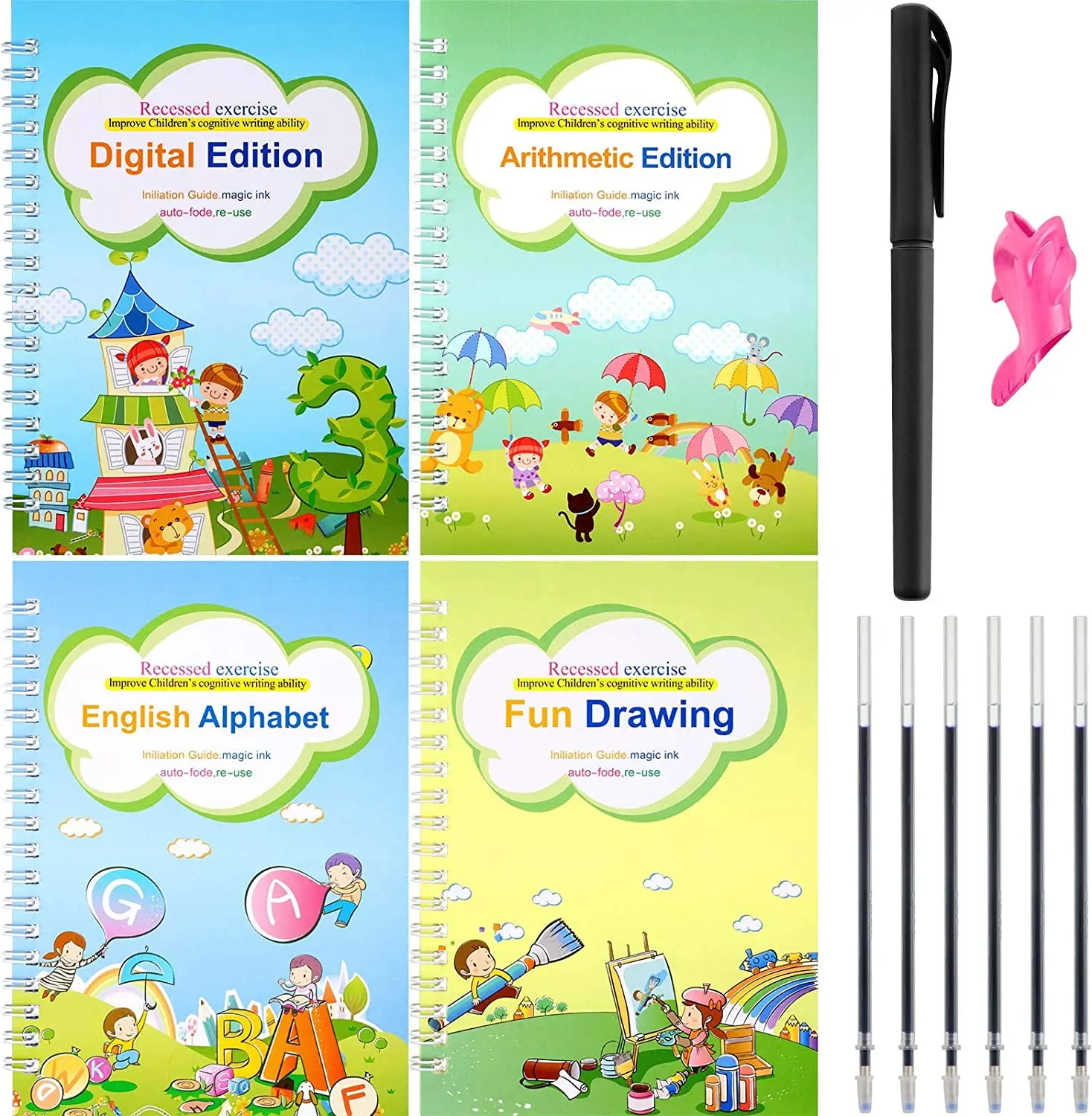 

4Books Pen Magic Copy Book Free Wiping Children's Kids Writing Sticker Practice English Copybook For Calligraphy Montessori Gift