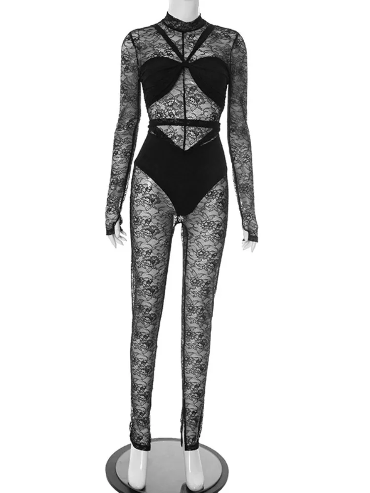 Joskaa 2025 Summer Women's Sexy Lace See Through O-Neck Long