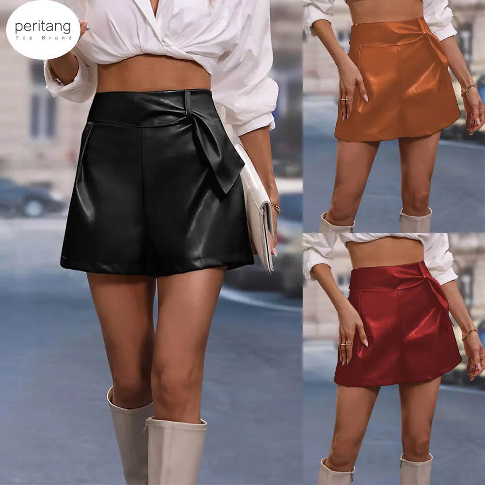 

PERITANG 2023 Women's Shorts Vintage PU Leather Shorts High Waist Undefined Drapped Trousers Female Office Wear Shorts