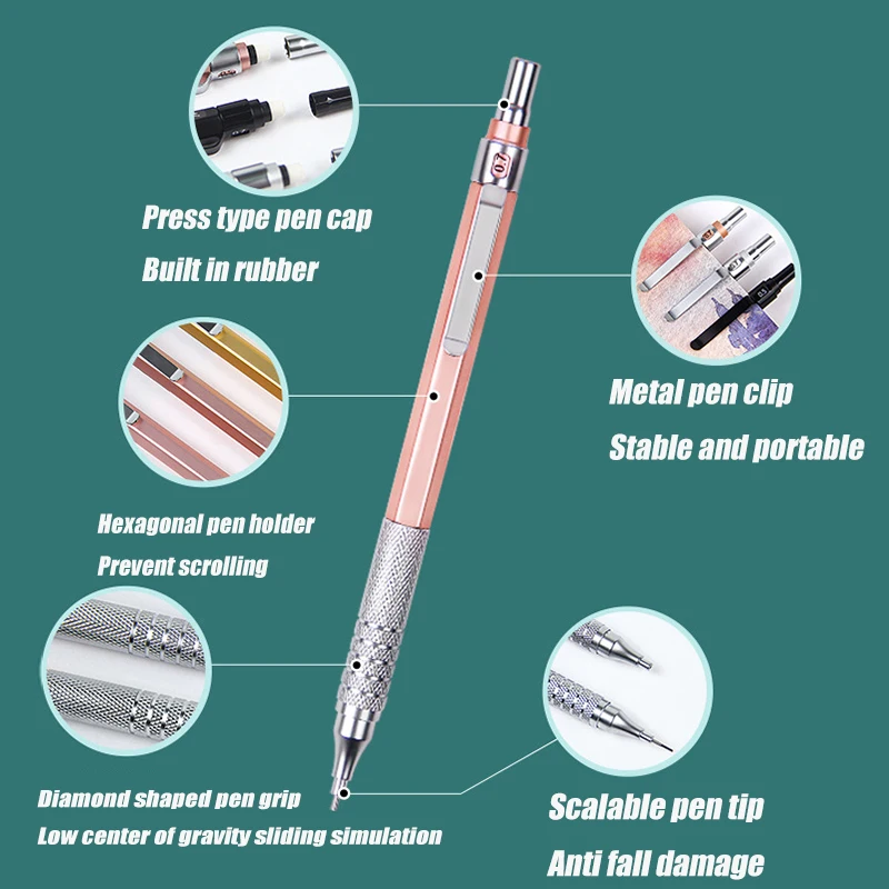 0.3 0.5 0.7 0.9mm Golden Low Center of Gravity All Metal Automatic Pencil Art Sketch Drawing Office Writing Stationery Supplies 3