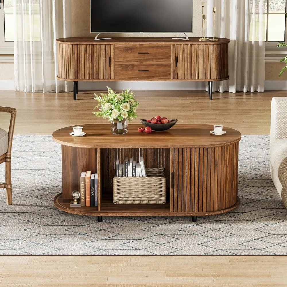 Coffee Table with Storage, 47.24" Farmhouse Wood Oval Center Table, 2-Tier Tea Cocktail Table with Sliding Door for Living Room 5
