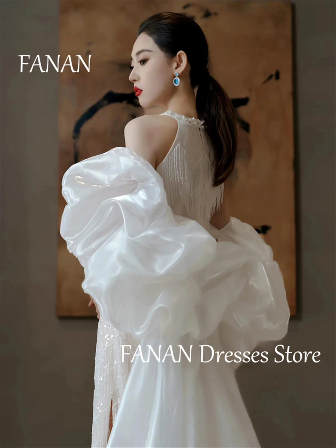 Фото Женское платье с юбкой-годе FANAN, блестящее свадебное платье в пол, шикарное платье невесты по индивидуальному заказу, с рукавами-фонариками, цвет слоновой кости №2