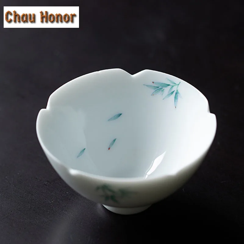 2pc/set 65ml Boutique Pure Hand Painted Art Bamboo Tea Cups Household Ceramic Master Cups White Porcelain Kung Fu Tea Bowl Set