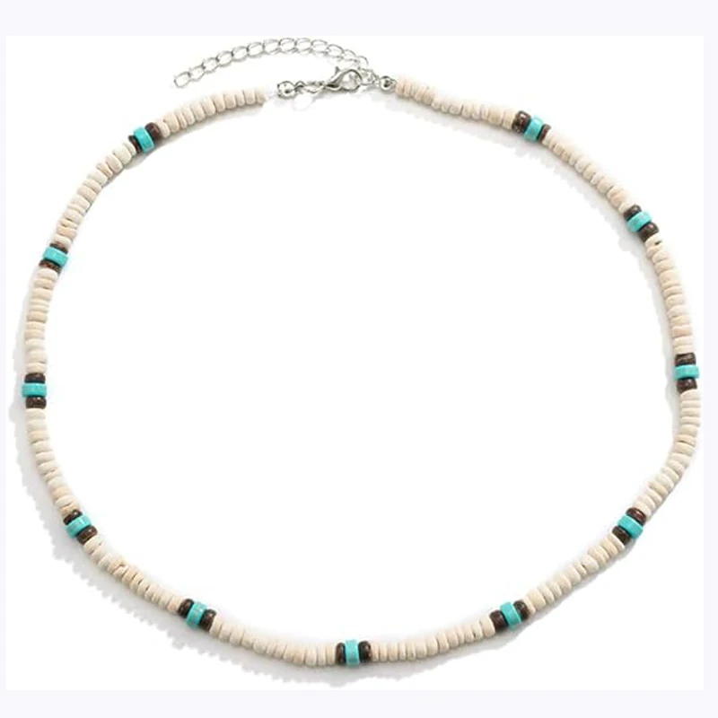 Kokosnuss-Perlen-Surfer-Halskette, Bohemian-Türkis, Kokosnussschale, Holzperle, Patchwork-Halsband, wasserfest, handgefertigtes Schmuckzubehör