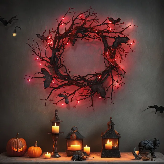 Bat Black Branch Halloween Wreath with LED Light