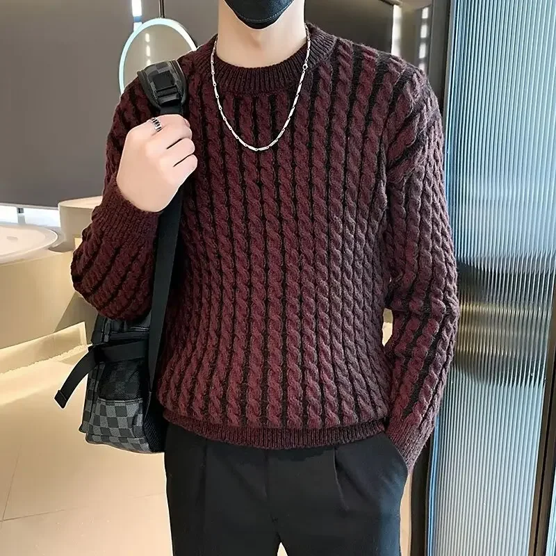 High Quality Striped Jacquard Sweater Men Winter Thicken Warm Round Neck Knit Pullover Casual Business Knitwear Tops Streetwear 2