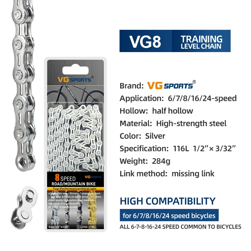 VG Sports 8 9 10 11 12Gang Ultraleichte Fahrradkette EL Halbhohlkette 8s 9s 10s 11s 12s 116L/126L Mountain Road Bike Ketten – Detail 14