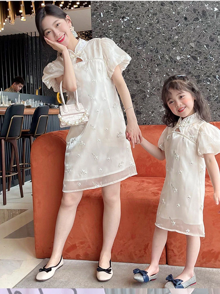 op vakantie Norm legering Ouder kind Jurk Meisjes Chinese Stijl Baby Cheongsam Rok Bladerdeeg Mouw  Borduurwerk Moeder En Dochter Kinderkleding Zomer Rok| | - AliExpress