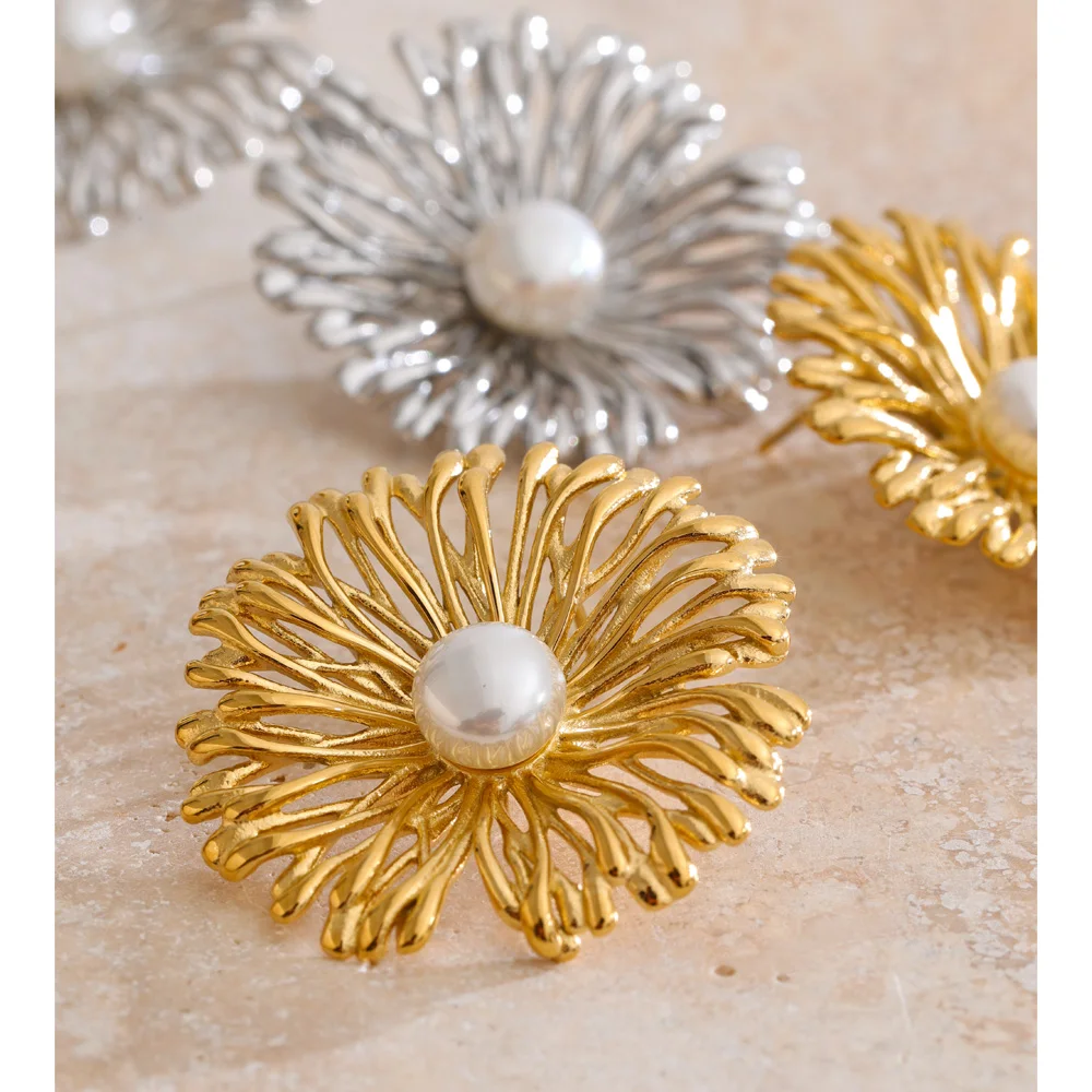 Yhpup Earrings Stainless Steel Pearls Flower Stud