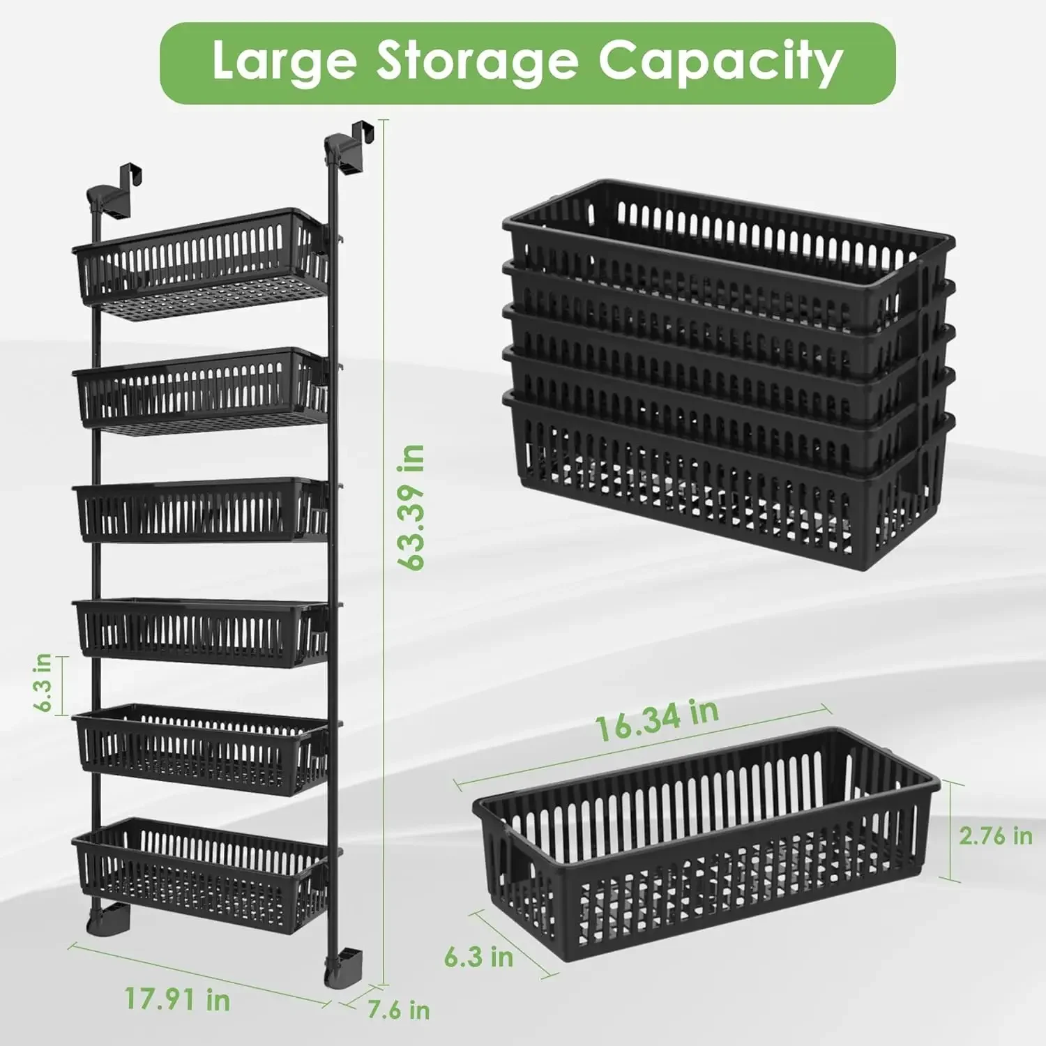 Pantry Door Organizer Over the Door Pantry Organizer with 6-Tier Adjustable Baskets Heavy-Duty Metal Wall Mounted Over 2