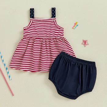 Toddler Girl Independence Day Clothing Set Sleeveless Striped Top with Matching Solid Color Shorts 2 Piece Outfit 1