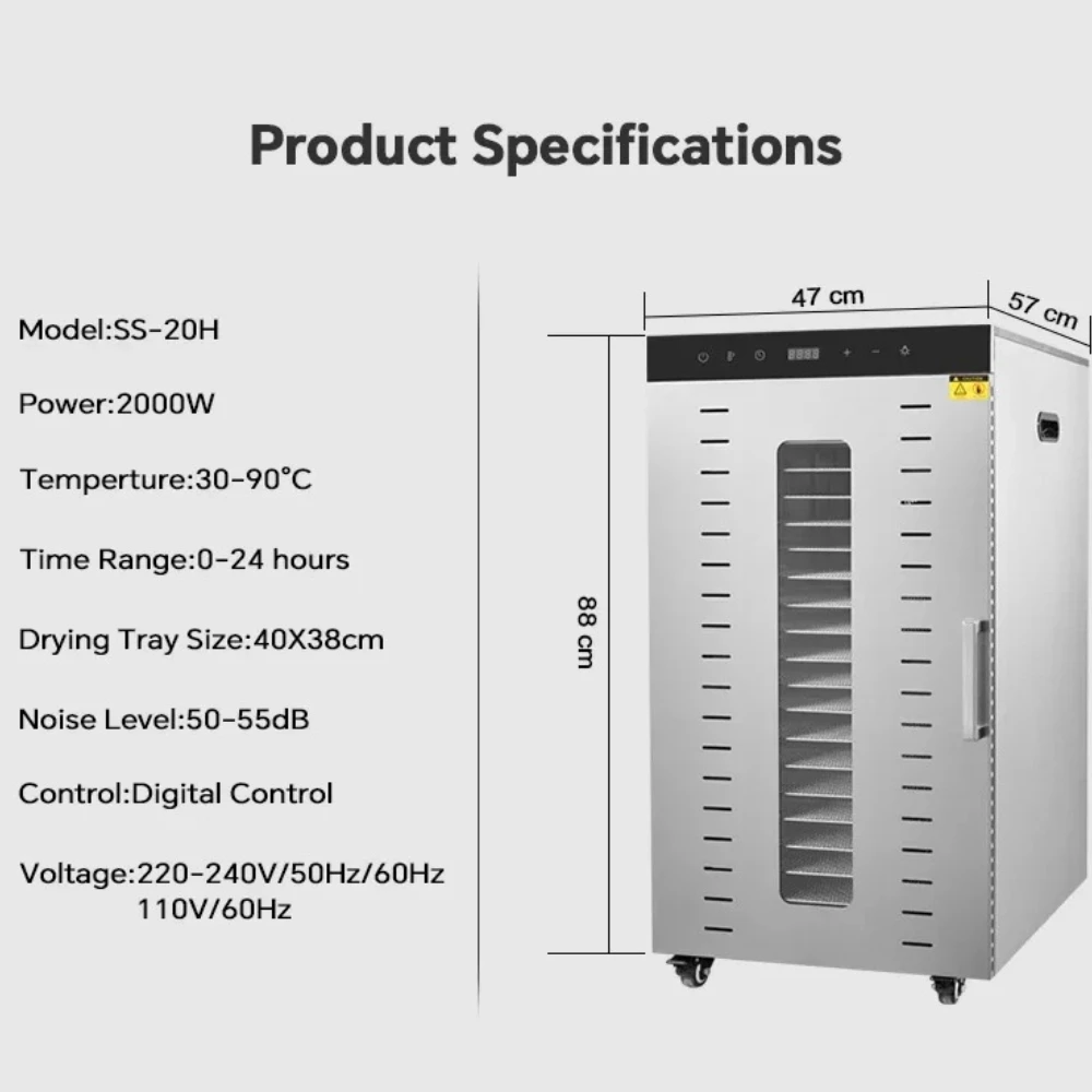 2000W Commercial Food Dehydrator 20 Trays Stainless Steel Jerky Maker 110V 220V Meat Fruit Dryer Machine 30-90℃ Pet Treat 5