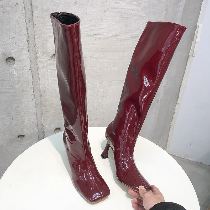 

2022 Shoes Women Zipper Patent Leather Dark Red Square Toe Boots Fashion Female Knee High Strange Style Thin High Heel Boots