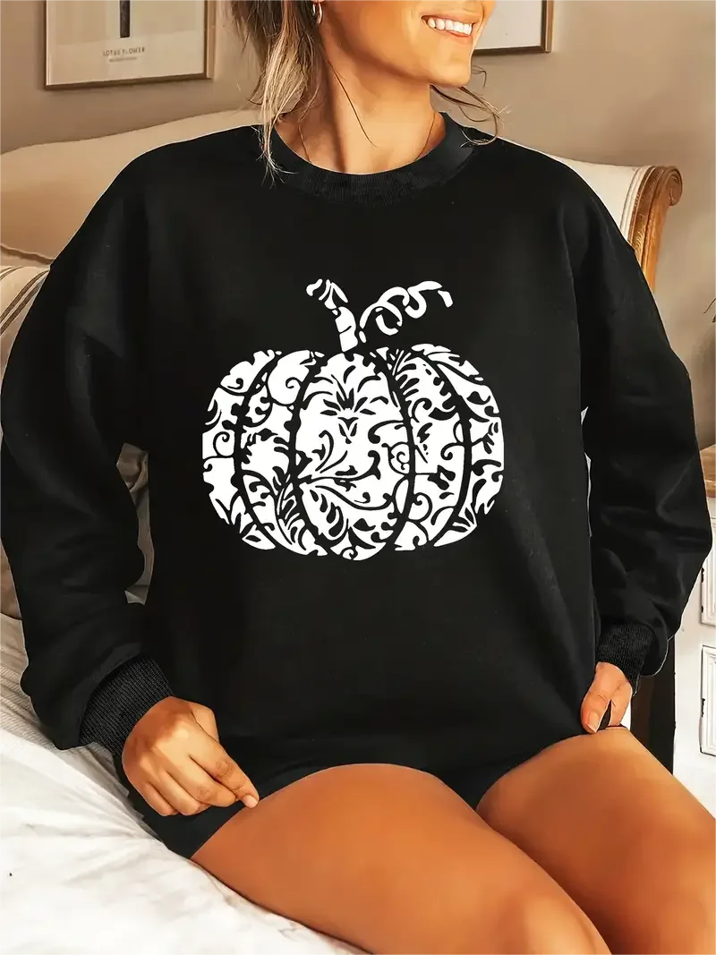 Women's Halloween Pumpkin Print Long Sleeve Round Neck Pullover Top, Casual Plus Size Sweatshirt