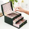 1pcs Multi Functional Three Layer Leather Drawer Style Jewelry Box Earrings Earrings Lock Jewelry Box 1